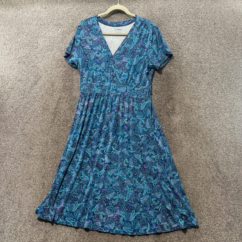 LL Bean Faux Wrap Summer Knit Dress Womens Large Blue Paisley Midi V Neck Travel